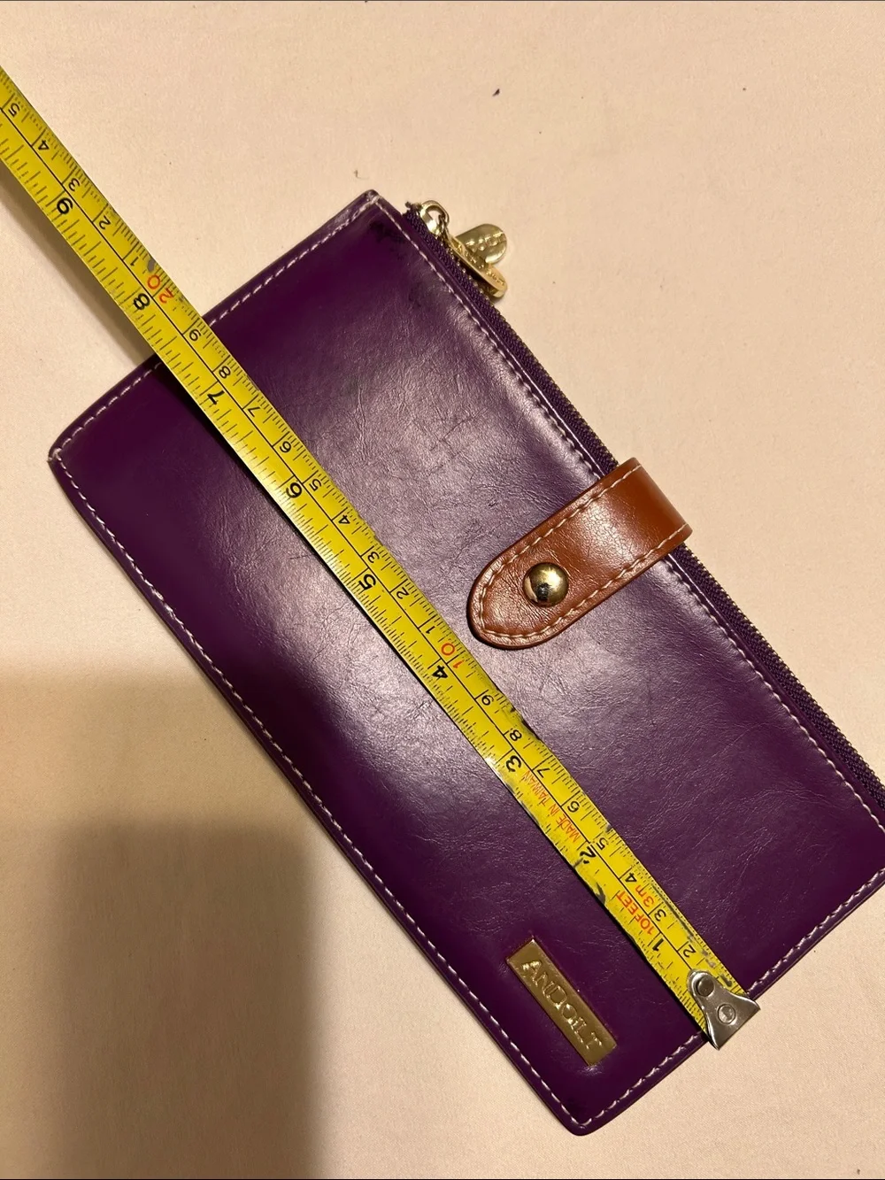 Purple Leather Zip Wallet with Brown Snap Strap